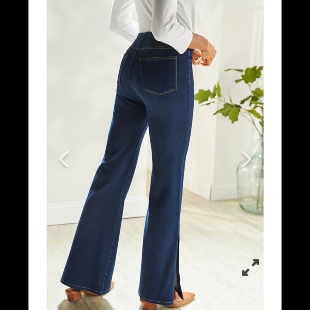Soft Surroundings The Ultimate Flared Jeans in Dark Blue Wash.